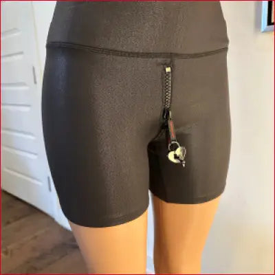 Black Foiled Leather Crotch Branded Zipper Shorts Heart Padlock - Activewear