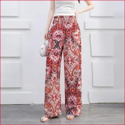 Bohemian high waist printed wide leg long pants with elastic waist for women