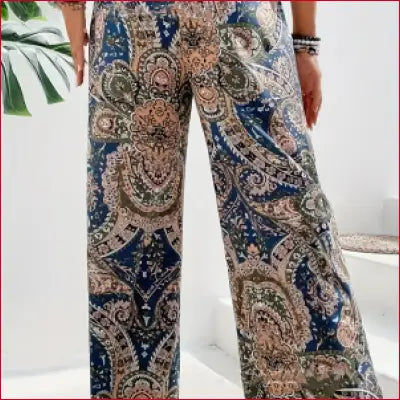 Paisley patterned bohemian high waist wide leg palazzo pants for women summer casual style