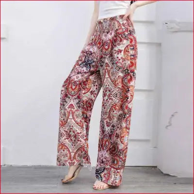 Patterned bohemian high waist wide leg elastic waist long pants for women summer fashion
