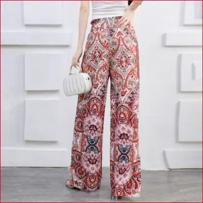 Patterned bohemian high waist elastic waist wide leg long pants for Women Summer Casual