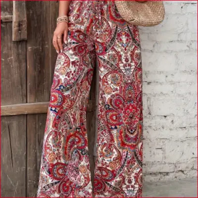 Paisley patterned bohemian high waist wide leg long pants for women summer casual style