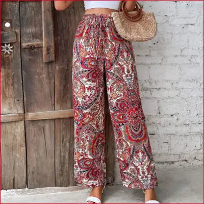 Bohemian high waist printed wide leg palazzo pants with elastic waist for women