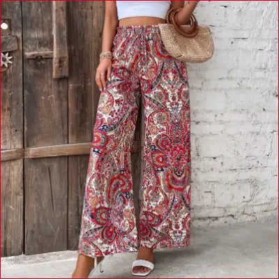 Patterned palazzo pants with bohemian high waist and elastic wide leg design