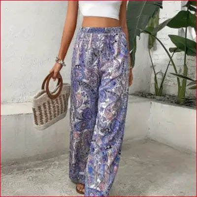 Paisley print bohemian high waist wide leg summer trousers for women