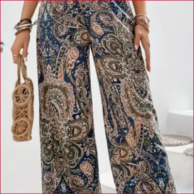Paisley patterned bohemian high waist wide leg casual trousers for women Summer New