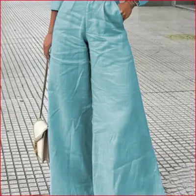Bonboho Women’s Cotton Linen High Waist Wide Leg Pants with Pockets 2025 Summer Minimalist Solid Color Casual Office Trousers - Turquoise