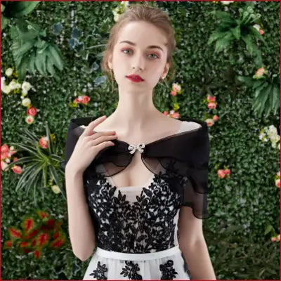 Elegant black bridal shawl with removable shoulder straps for wedding and party dresses