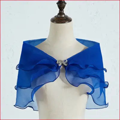 Blue ruffled chiffon bridal shawl with removable shoulder straps for wedding dress