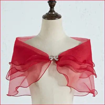 Red ruffled chiffon bridal shawl with removable shoulder straps for wedding dress