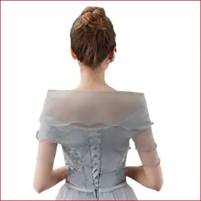 Gray off-the-shoulder dress with lace-up back and removable shoulder straps for elegant weddings
