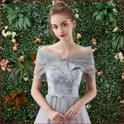 Elegant gray off-the-shoulder gown with removable shoulder straps bridal shawl for wedding