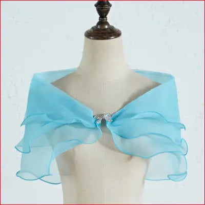 Aqua chiffon bridal shawl with ruffles and removable shoulder straps for wedding dress