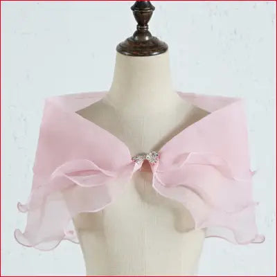 Pink chiffon bridal shawl with rhinestone clasp and removable shoulder straps