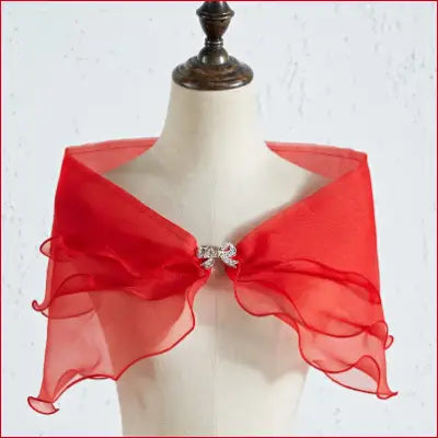 Red chiffon bridal shawl with removable shoulder straps and rhinestone bow detail