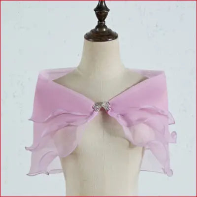 Lilac chiffon bridal shawl with rhinestone clasp and removable shoulder straps for wedding dress