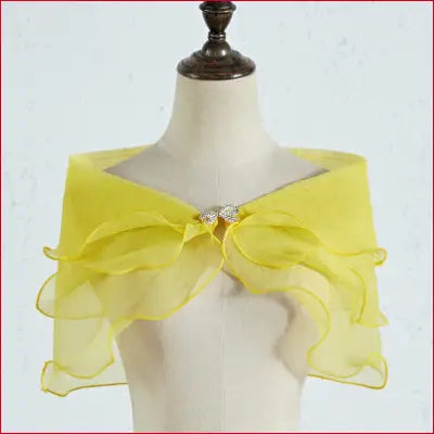 Yellow ruffled chiffon bridal shawl with removable shoulder straps for wedding party dress