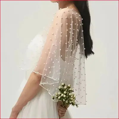 Pearl-studded sheer bridal floating veil cape for wedding photography and wedding shawl