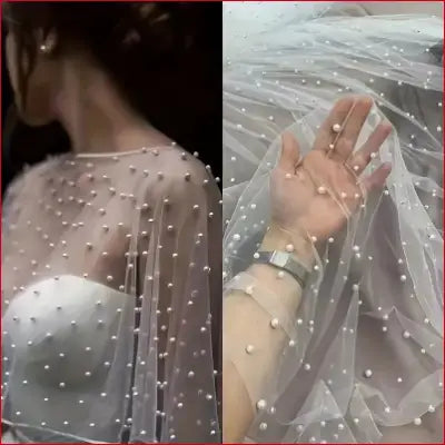 White tulle fabric with pearl embellishments for wedding shawl and floating veil cape