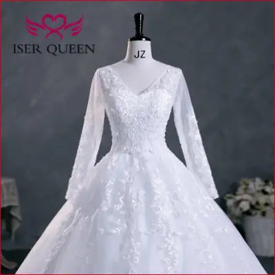Customized Beaded Pretty Lace Appliques Wedding Dress A line Long Sleeves V neck Plus Size Wedding Dresses For Women WX0303