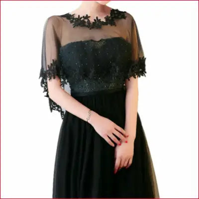 Black lace-trimmed dress with summer casual lace shawl and crotch zipper detail