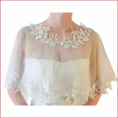 Lace-trimmed sheer bolero shawl from Elegant Cape Summer Casual collection with crotch zipper