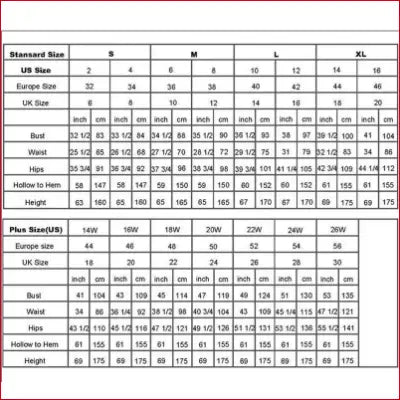 Size chart for wedding dresses showing shoulder, inches, and cm measurements