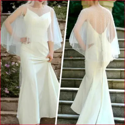 Ivory wedding dress lace with beaded cape and pearl short cape for bridal elegance