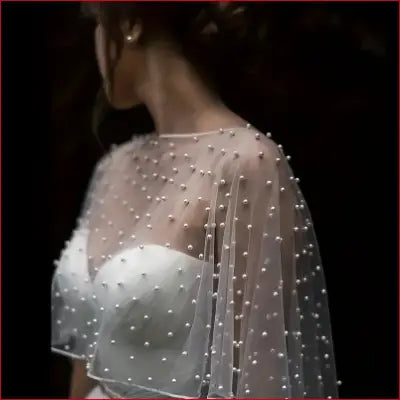 Pearl-studded sheer bridal cape for wedding dress lace and pearl short cape elegance