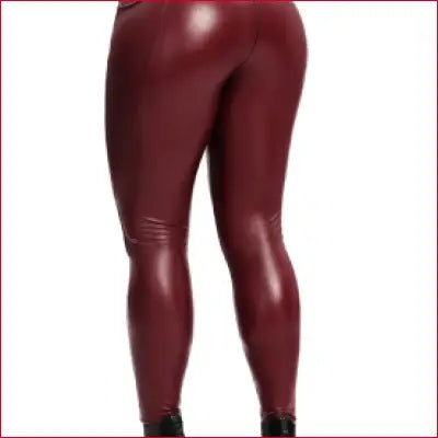 Burgundy leather women’s leggings with front zipper, tight fitting for stylish outfits