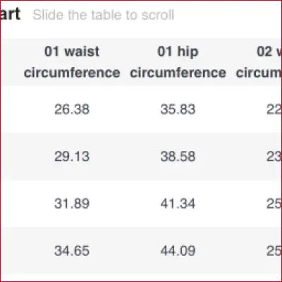 Partial table of waist and hip measurements for tight-fitting leather women’s leggings