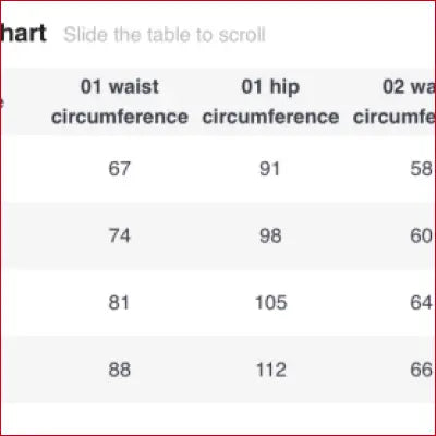 Table displaying waist and hip circumference for tight fitting leather women’s leggings