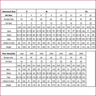 Clothing size chart for wedding dresses and bridal gowns with shoulder measurements in inches and cm