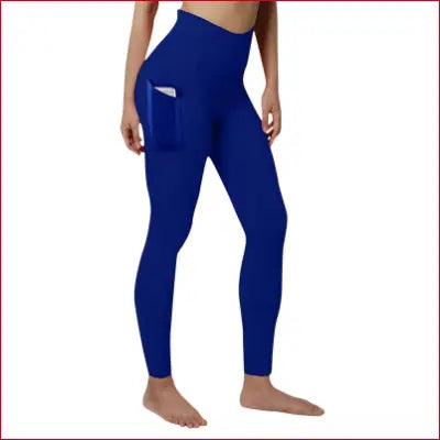 Blue leggings with pocket featuring high waist elastic for workout and yoga comfort