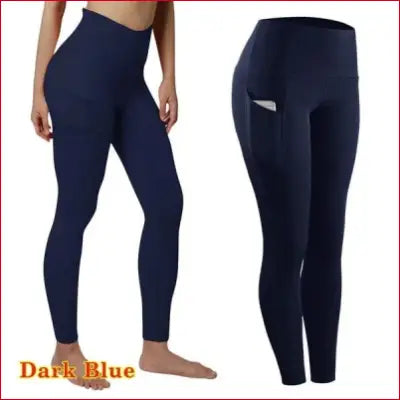 Dark blue high waist elastic workout leggings with tummy control and pockets for women