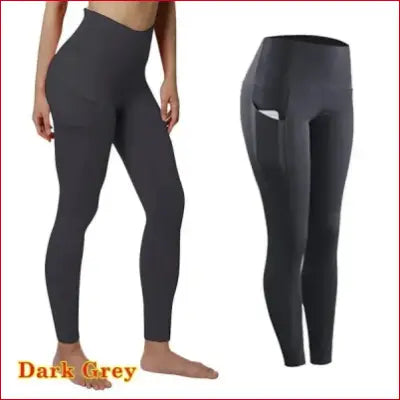 Dark grey high waist elastic workout leggings with pockets for women yoga and gym fitness