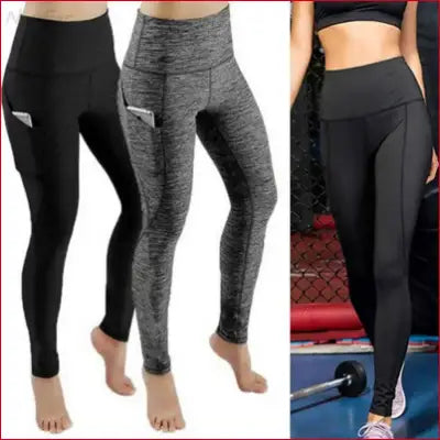 Three pairs of high waist elastic workout yoga leggings with tummy control and pockets