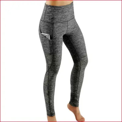 Gray high waist elastic workout leggings with phone pocket and ruched booty for women