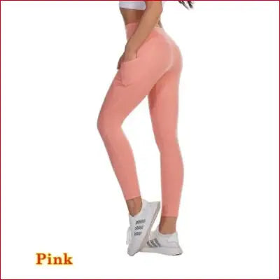 Pink athletic leggings with high waist elastic for workout and yoga, tummy control