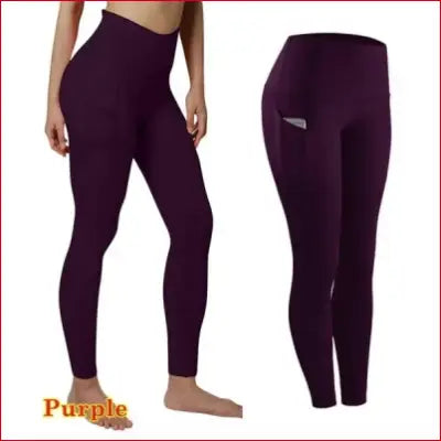 Purple high waist elastic workout leggings with tummy control and side pocket for women