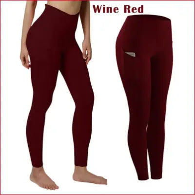 Wine red high waist elastic workout leggings with tummy control and pocket for women