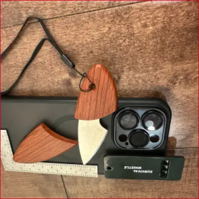 IPhone 14 Black Case with Wooden Knife, Whistle, Frame Ruler, and Box Opener