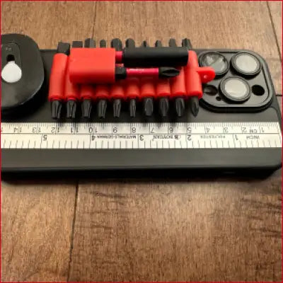 Screwdriver bit set with ruler in black case perfect for box cutter and iPhone 14 Plus accessories