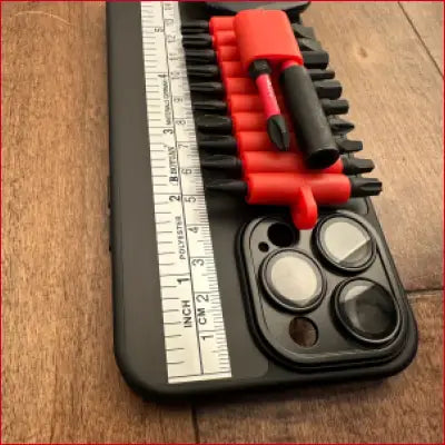 Black phone case with screwdriver set and measuring tape for iPhone 14 Plus Box Cutter