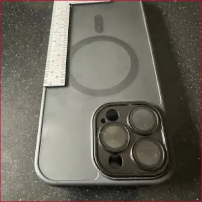 Gray iPhone 14 Pro Max case with stainless frame and camera lens protector