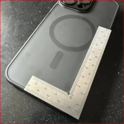 IPhone 14 Pro Max in clear case with stainless frame and frame ruler for protection