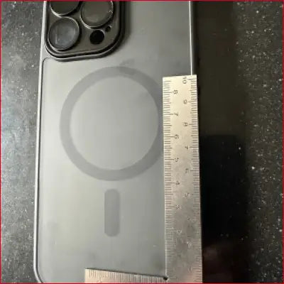 Gray smartphone with MagSafe and camera array in iPhone 14 Pro Max Black Case Stainless Frame Ruler