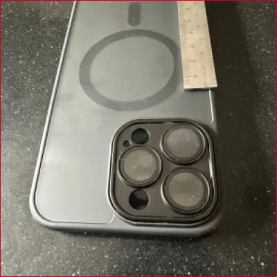 Gray iPhone 14 Pro Max Black Case with Stainless Frame and Frame Ruler for Protection
