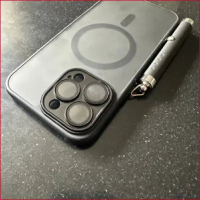 Black iPhone 15 case with MagSafe, laser pointer, and crotch zipper design