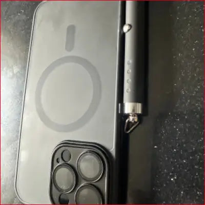 IPhone 15 Black Case Laser Pointer with Croutch Zipper and stylus in black smartphone